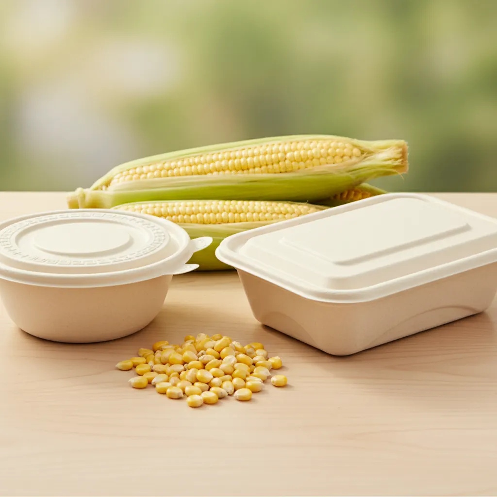 Corn starch bowl and lidded meal box beside fresh corn cobs