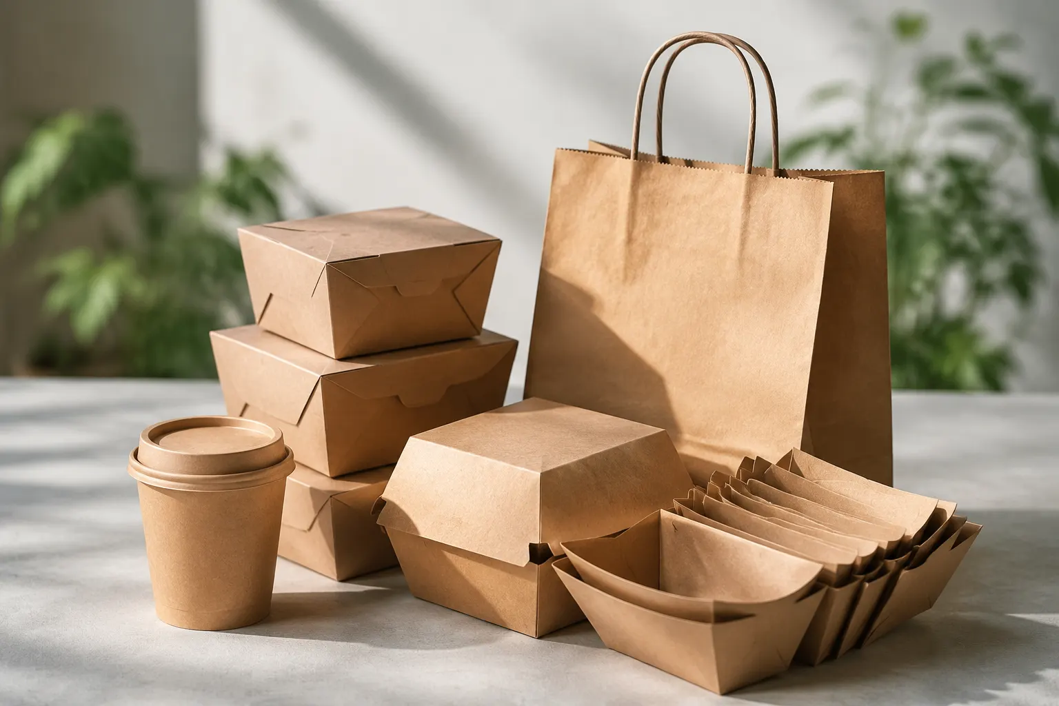 Kraft paper takeaway boxes, burger box, food trays, cup and carry bag