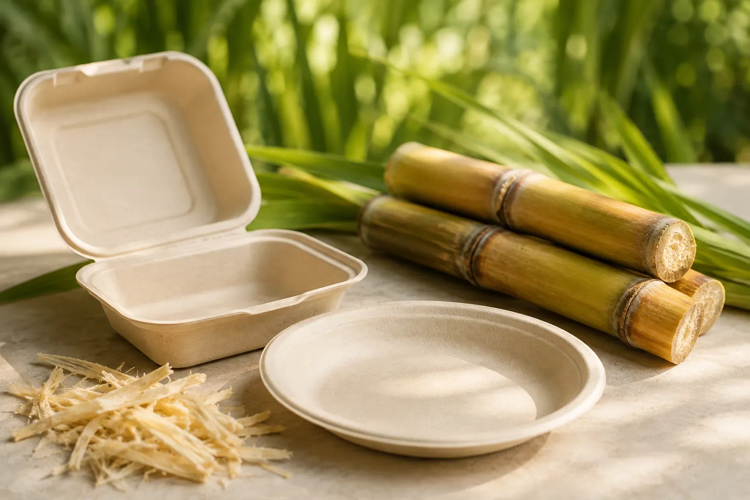 Sugarcane bagasse clamshell box and plate next to sugarcane stalks and fiber
