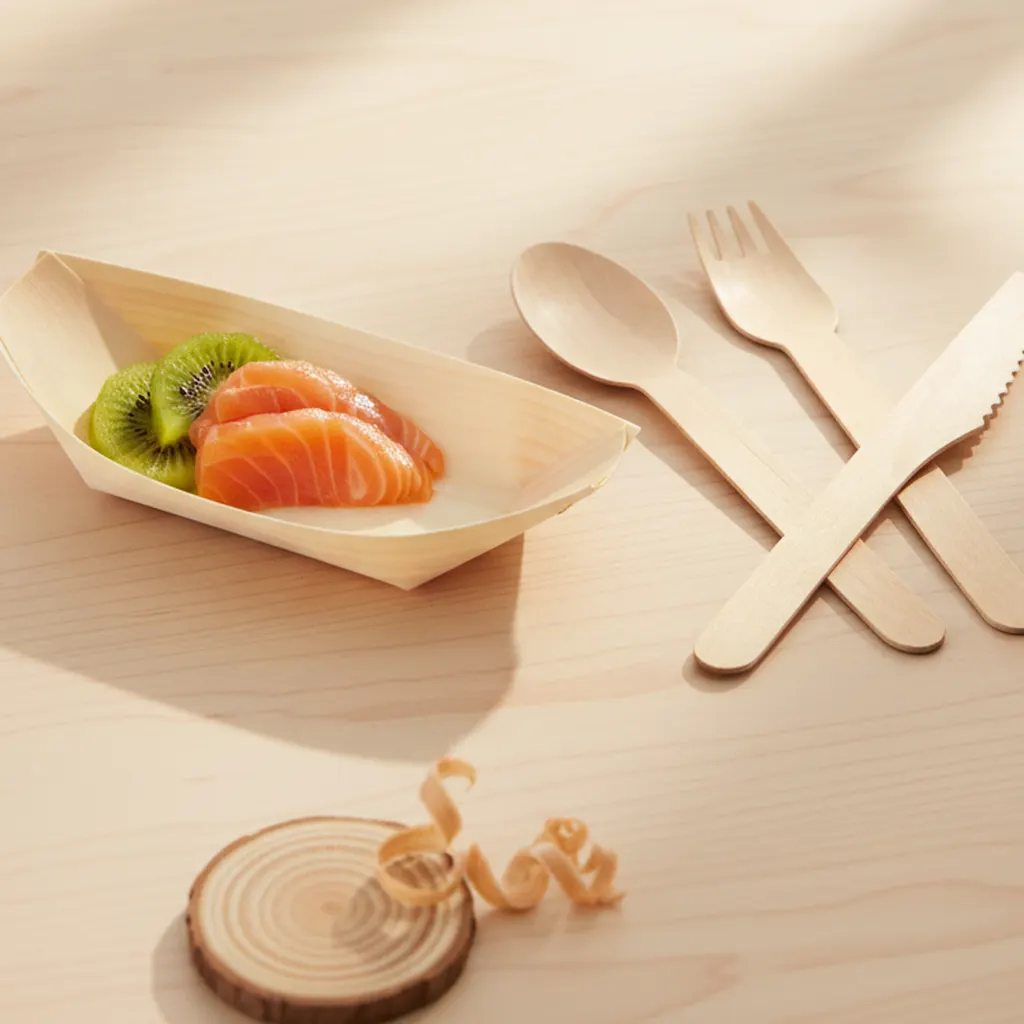 Wooden serving boat with salmon and kiwi beside a wooden spoon, fork and knife