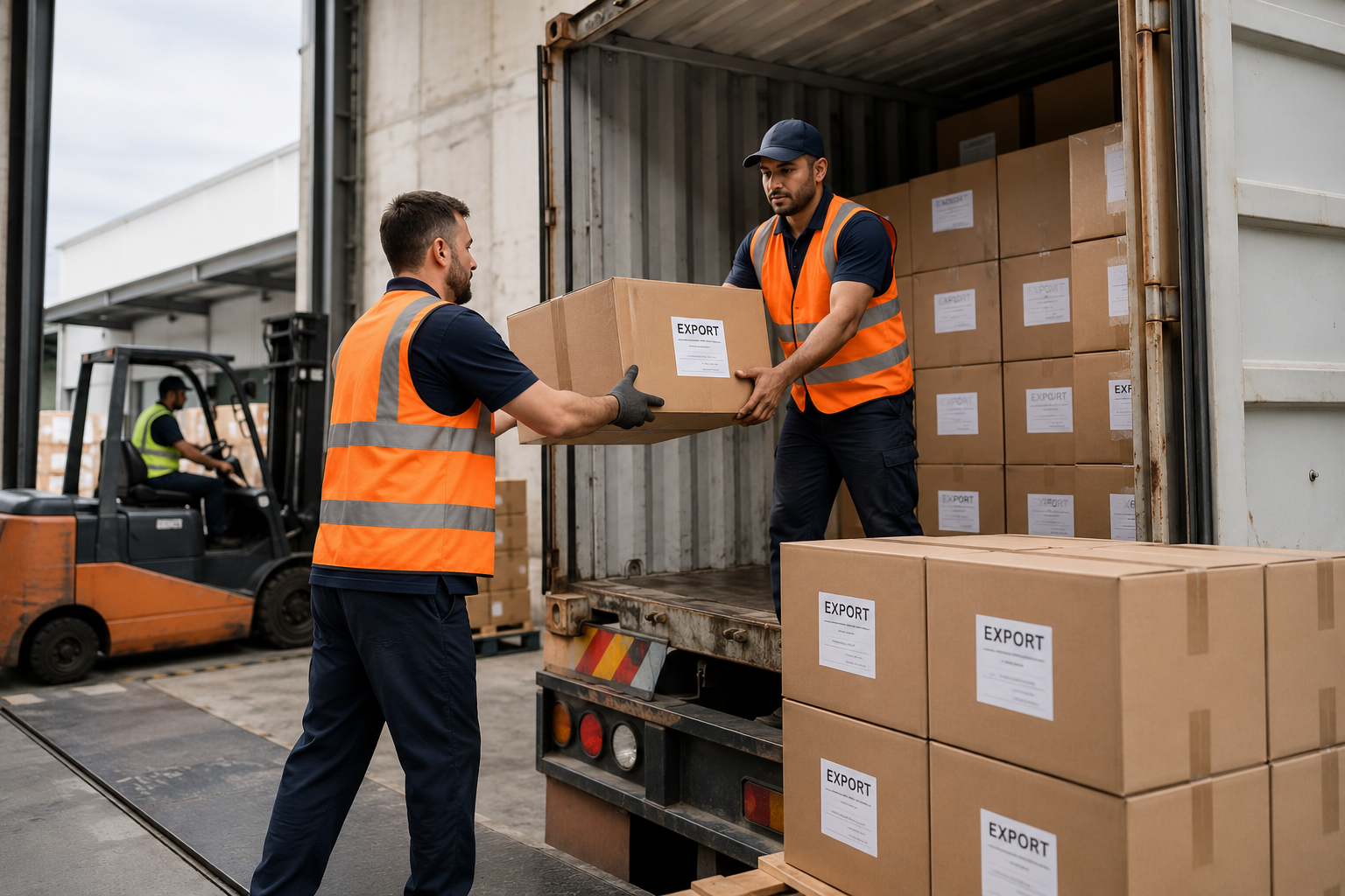 Export logistics team loading cartons into a shipping container at a loading dock