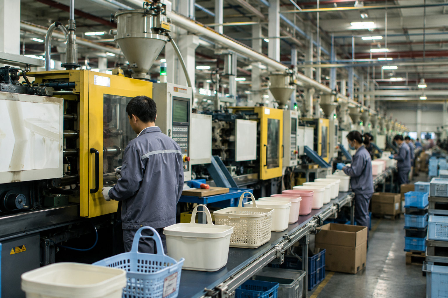 Factory production floor manufacturing plastic household goods at scale