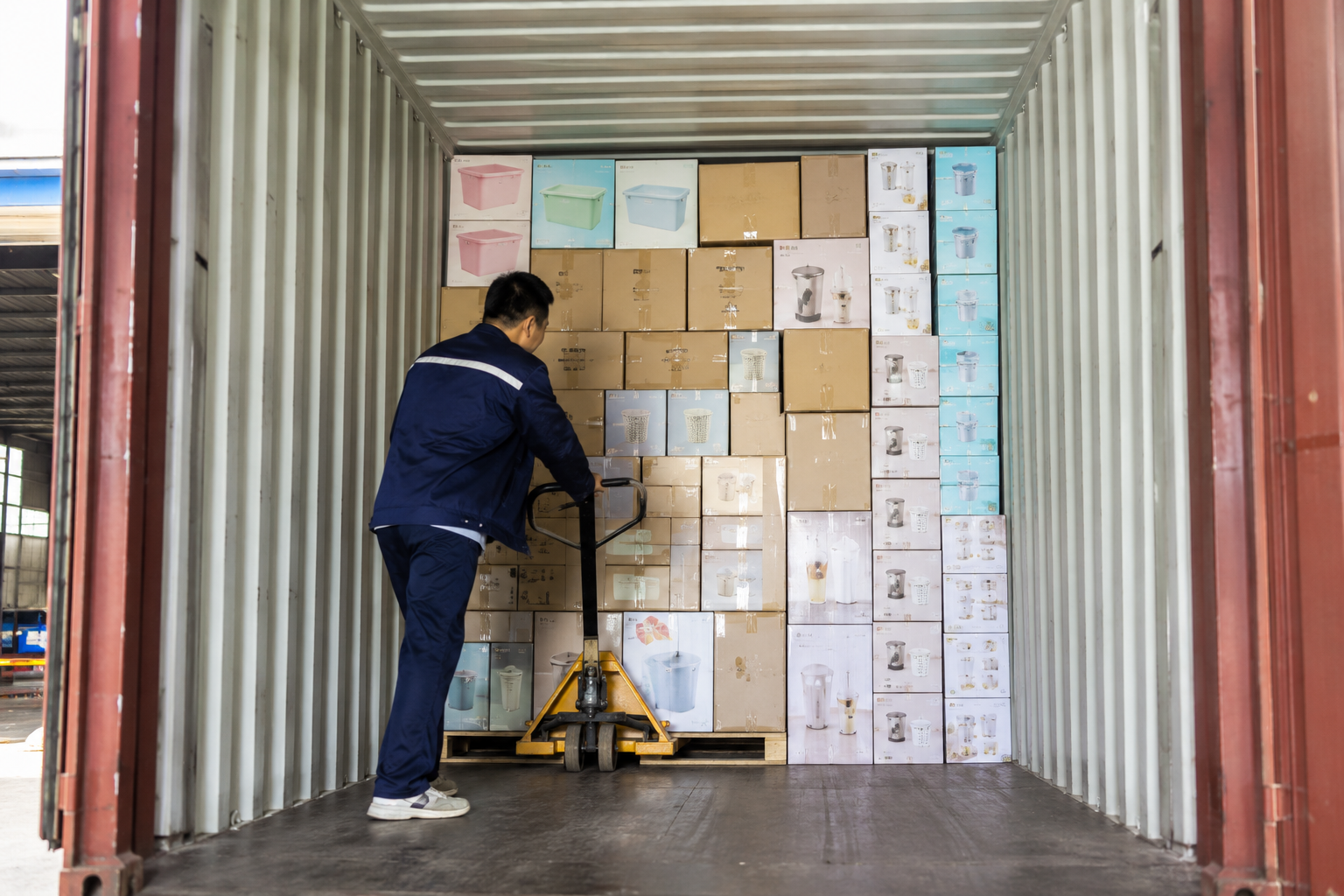 Mixed product categories packed efficiently inside an export shipping container