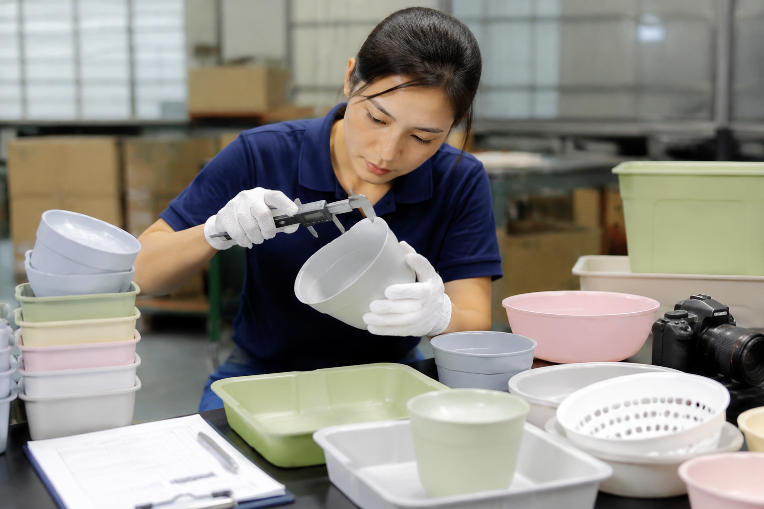 In-house quality control inspector checking plastic products before shipment