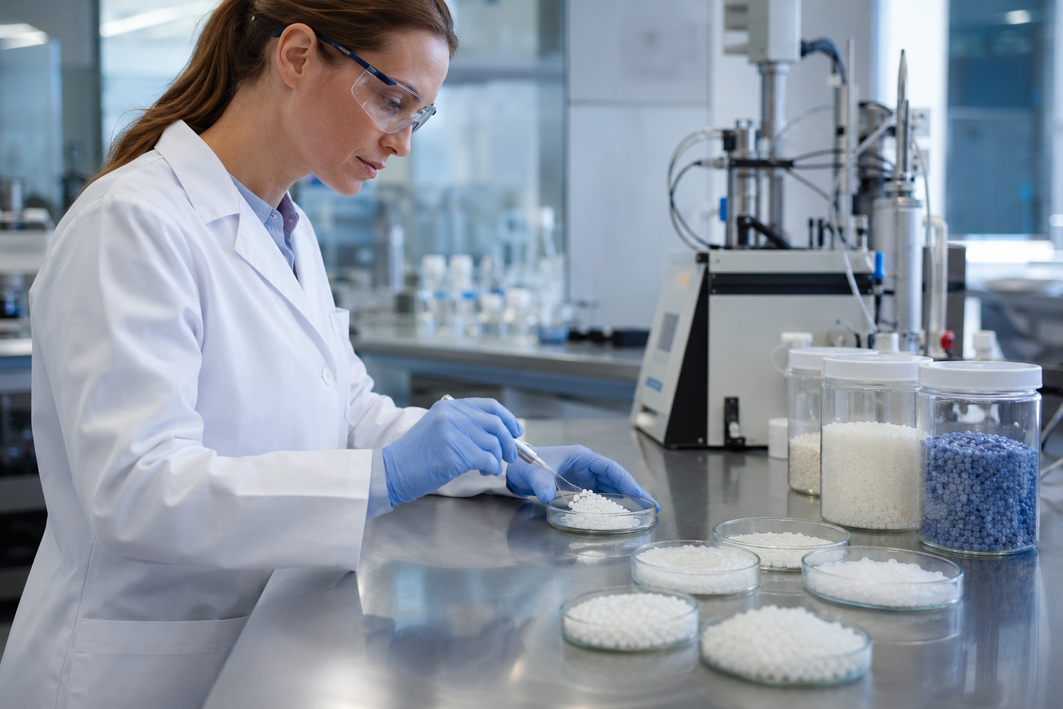 Food-grade plastic raw material sample undergoing lab safety testing