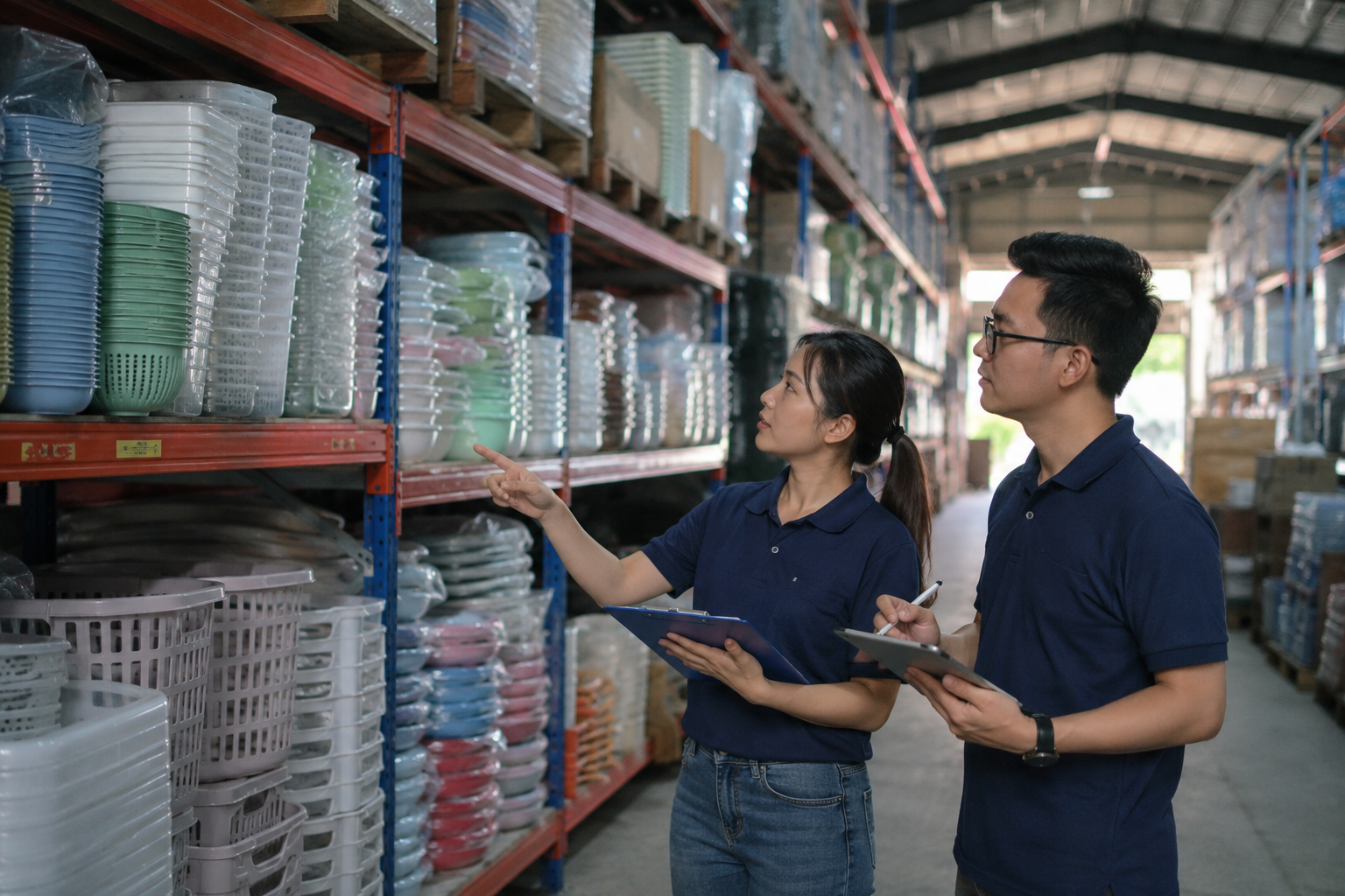 LifeCoo warehouse and export team reviewing plastic household goods inventory